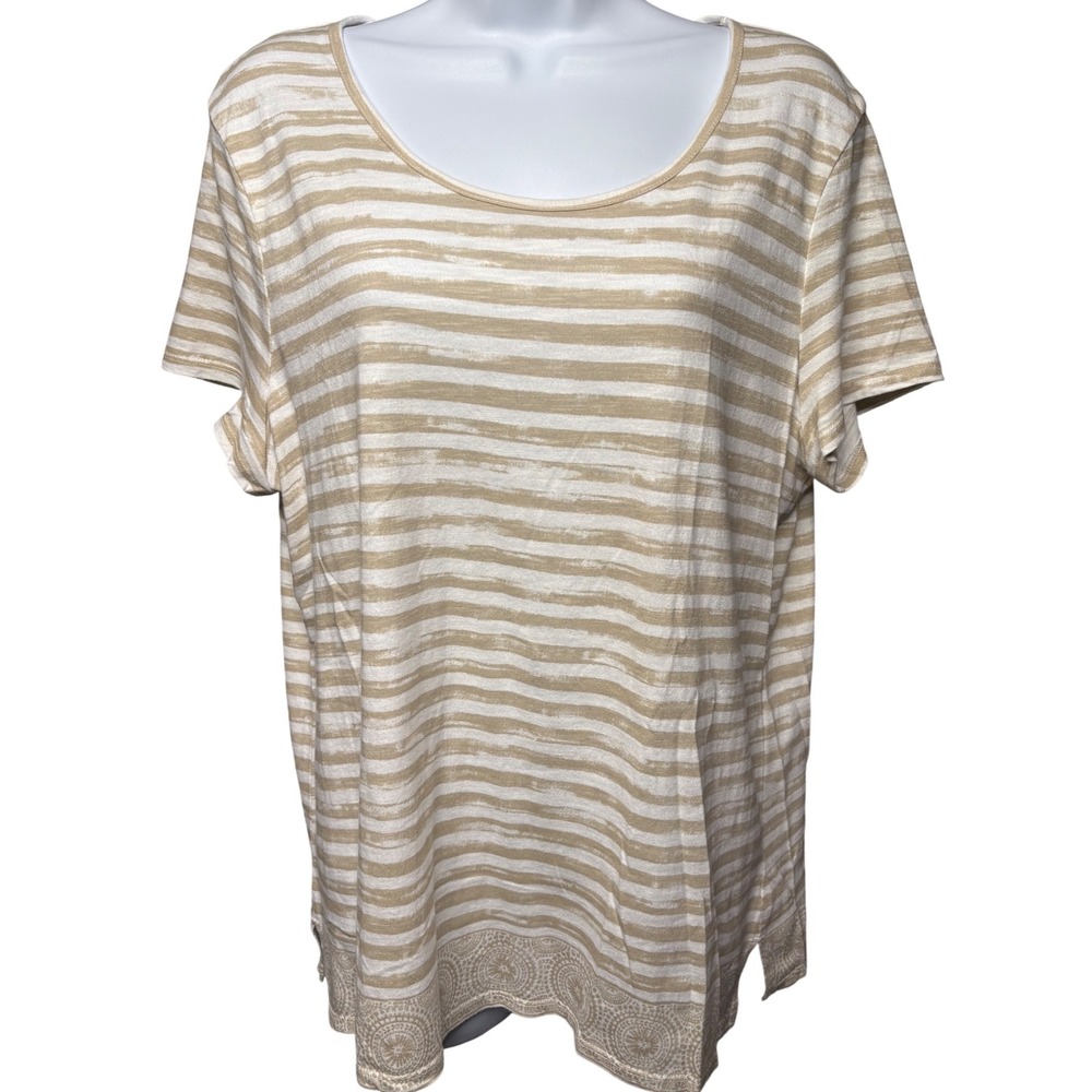CHICO'S Womens Tan Striped Short Sleeve Top Sz 2/L Medallion Hem Preppy Casual